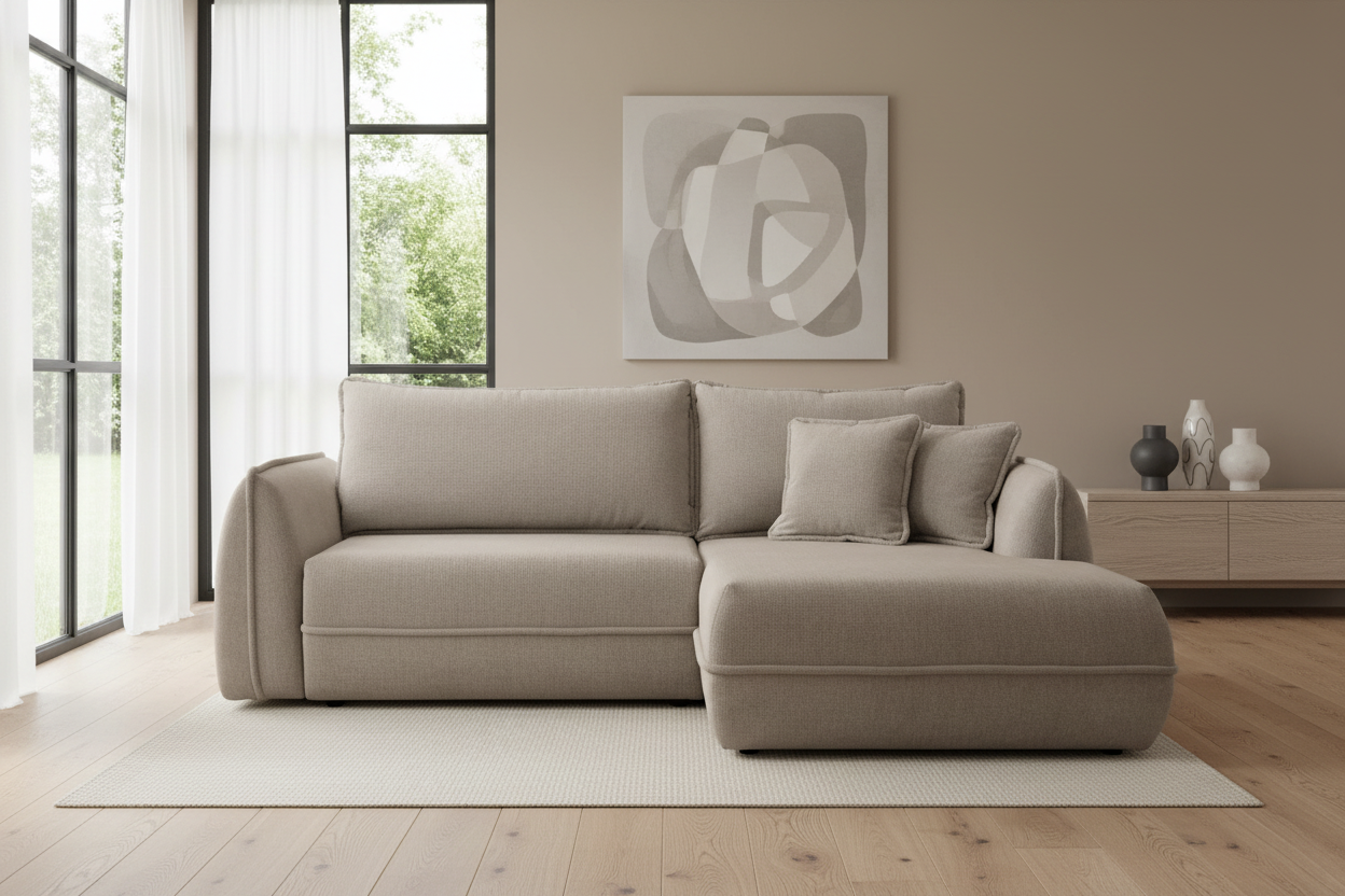 Designer Ecksofa Moho mit Schlaf- und Klappfunktion in Stoff