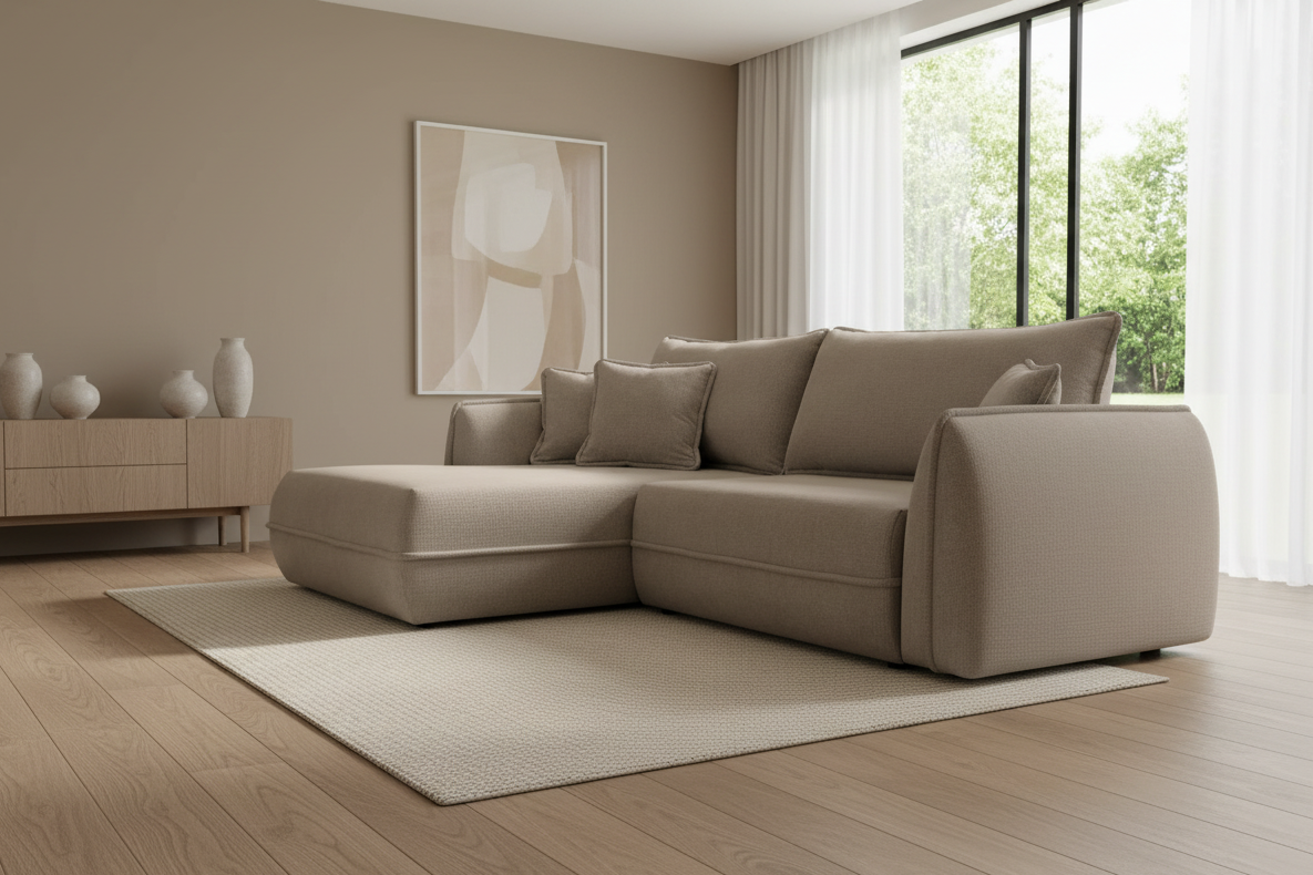 Designer Ecksofa Moho mit Schlaf- und Klappfunktion in Stoff