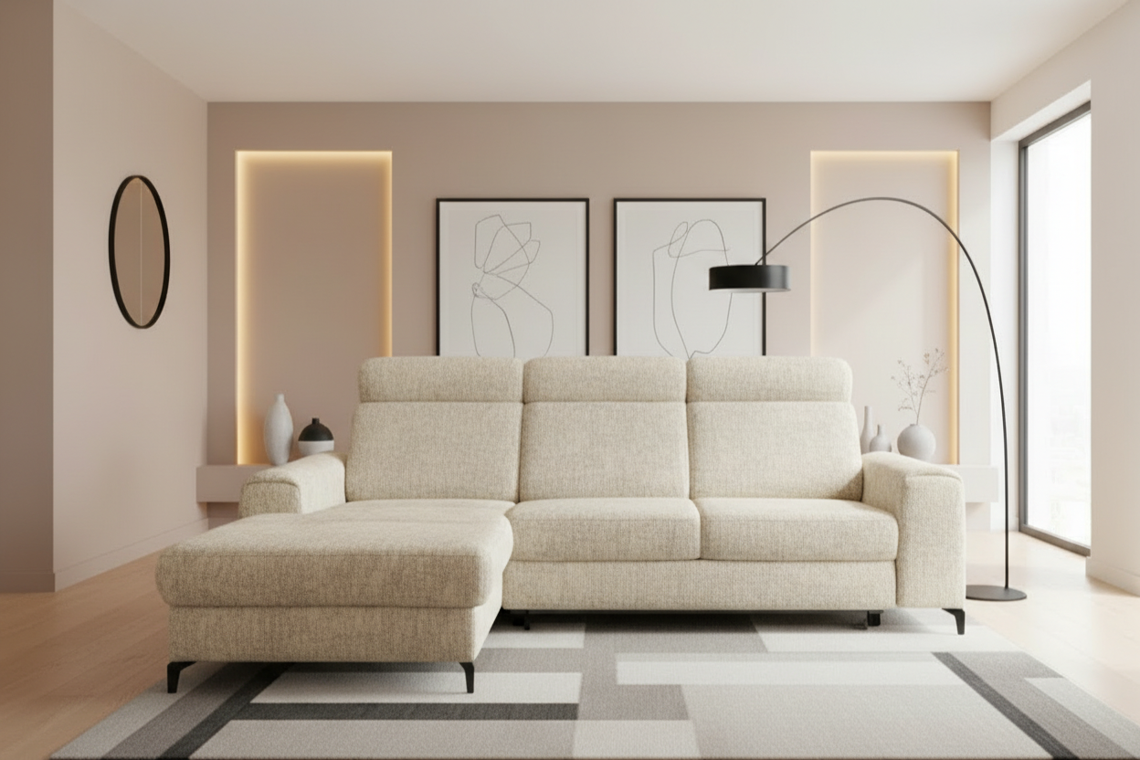 Designer Ecksofa Notte mit Schlaffunktion & Bettkasten in Chenille