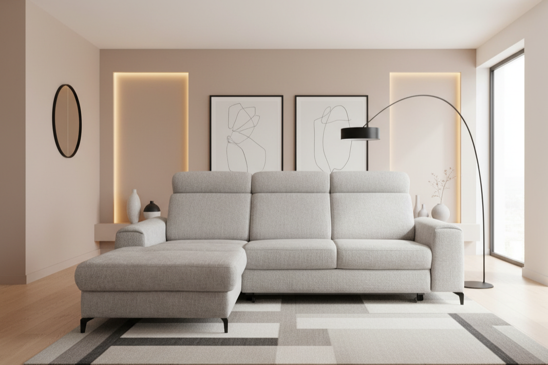 Designer Ecksofa Notte mit Schlaffunktion & Bettkasten in Chenille