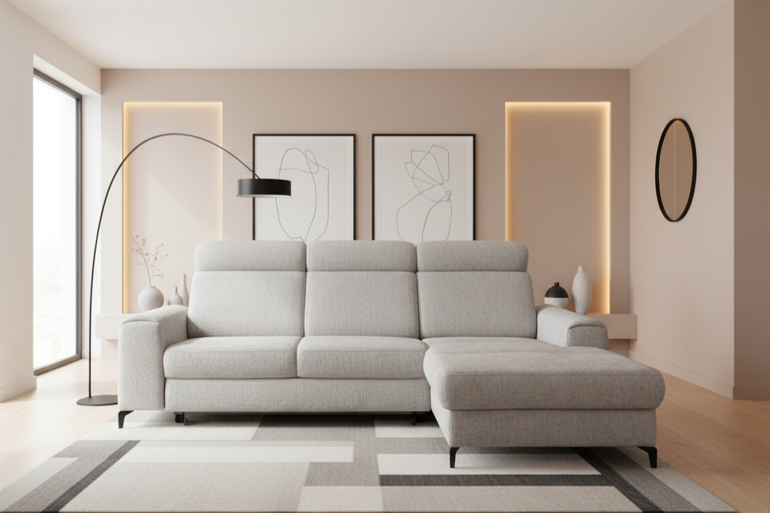 Designer Ecksofa Notte mit Schlaffunktion & Bettkasten in Chenille