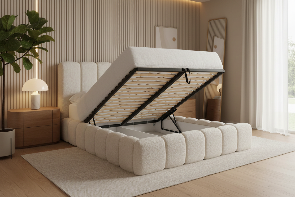 Polsterbett Cande mit geöffnetem Stauraum