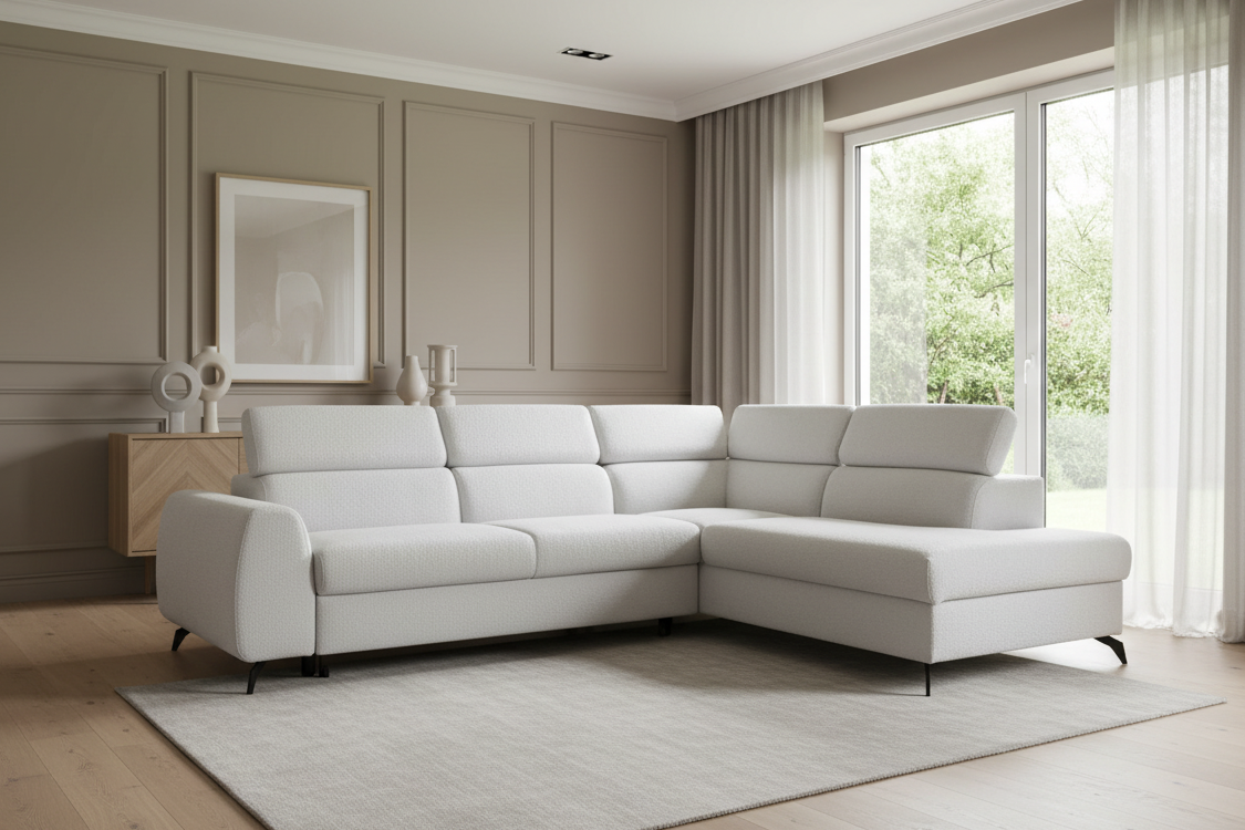 Designer Ecksofa Stille mit Schlaf- und Bettkasten Bouclé