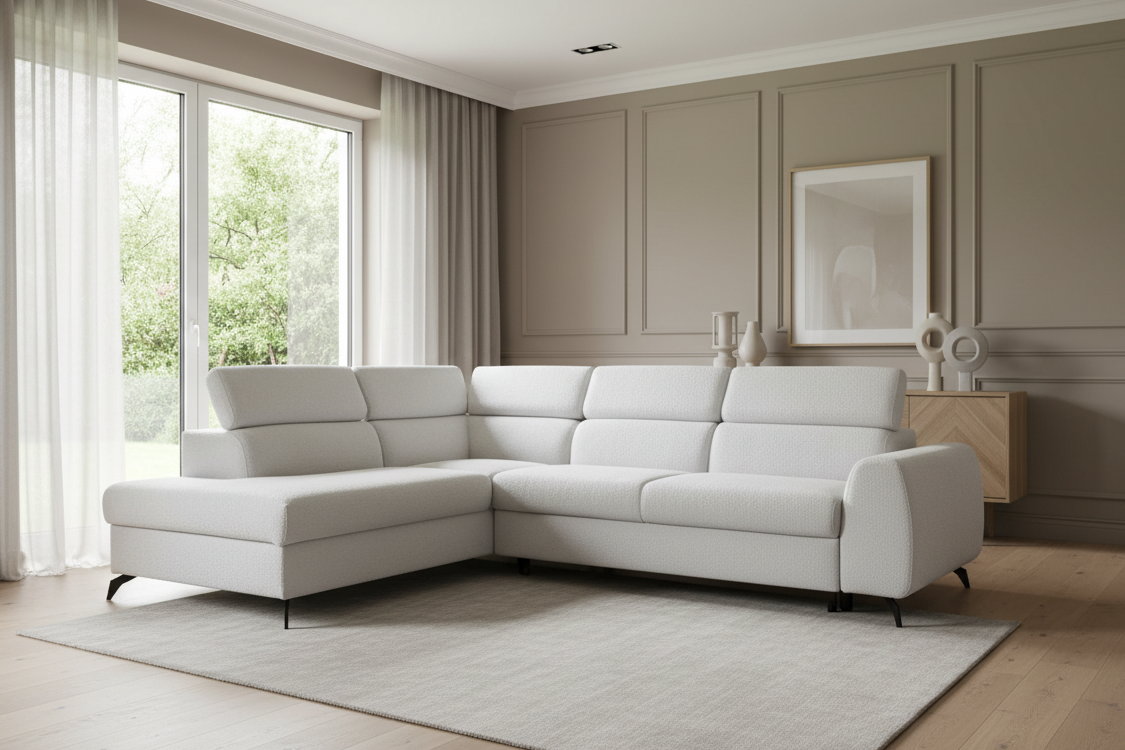 Designer Ecksofa Stille mit Schlaf- und Bettkasten Bouclé
