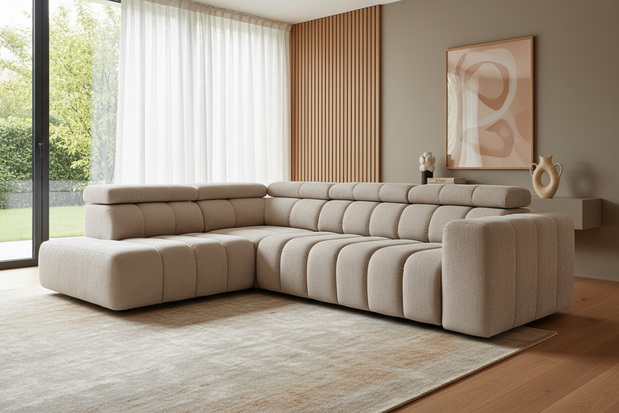 Designer Ecksofa Zürich mit elektrischer Sitzverlängerung in Chenille