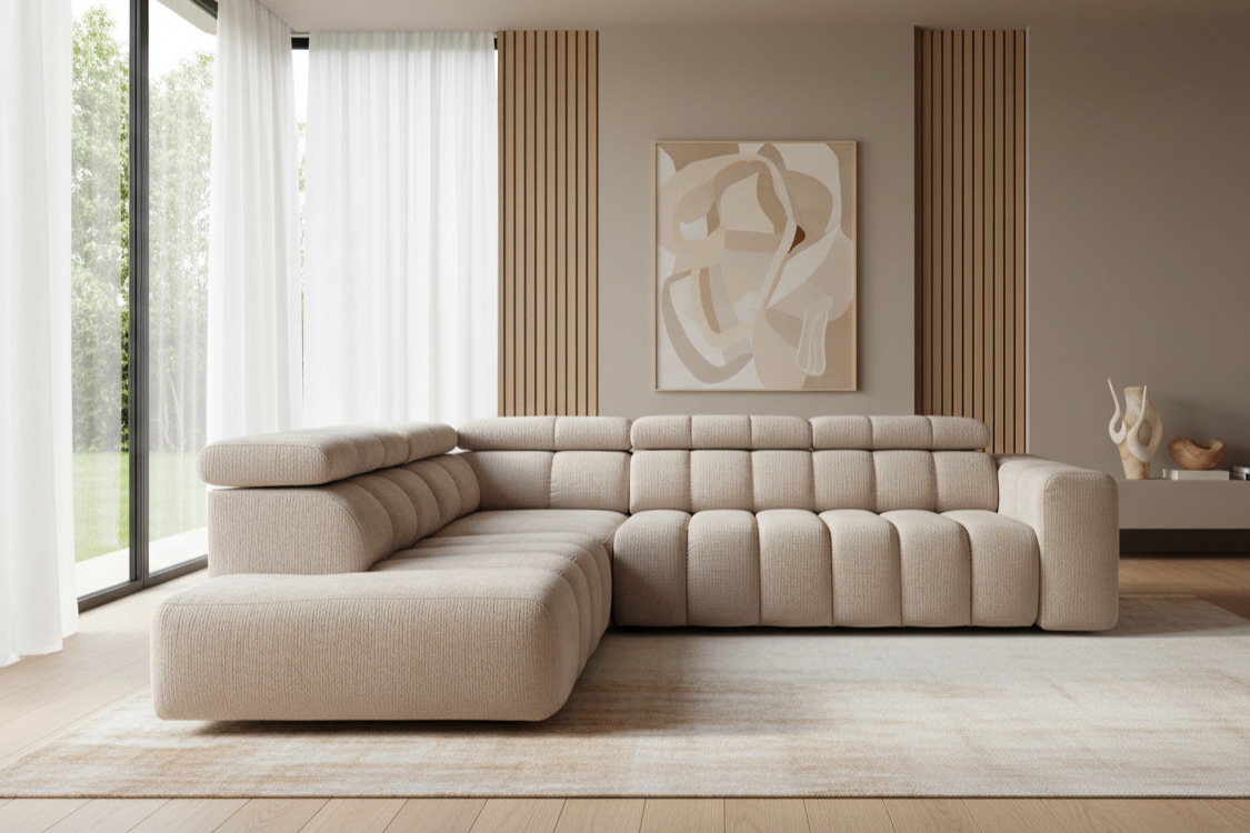 Designer Ecksofa Zürich mit elektrischer Sitzverlängerung in Chenille