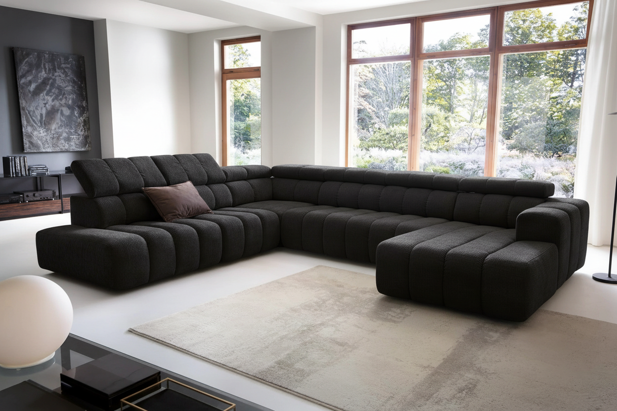 Designer Wohnlandschaft Zürich mit elektrischer Sitzverlängerung in Chenille