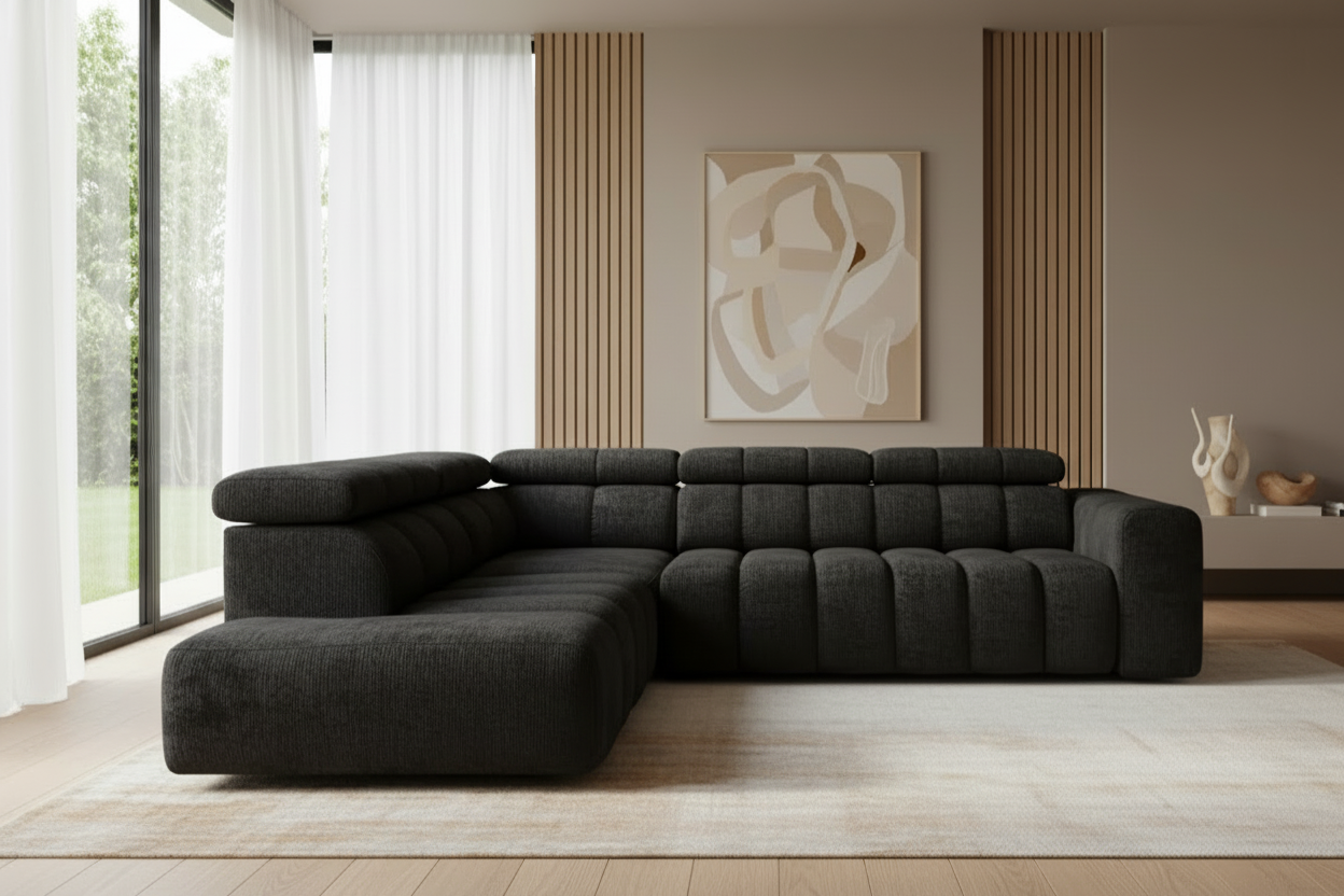 Designer Ecksofa Zürich mit elektrischer Sitzverlängerung in Chenille