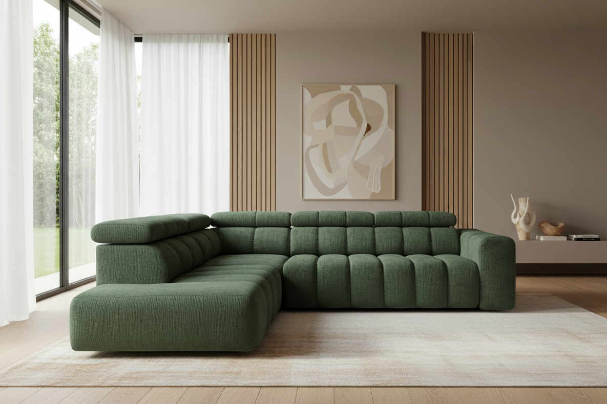 Designer Ecksofa Zürich mit elektrischer Sitzverlängerung in Chenille