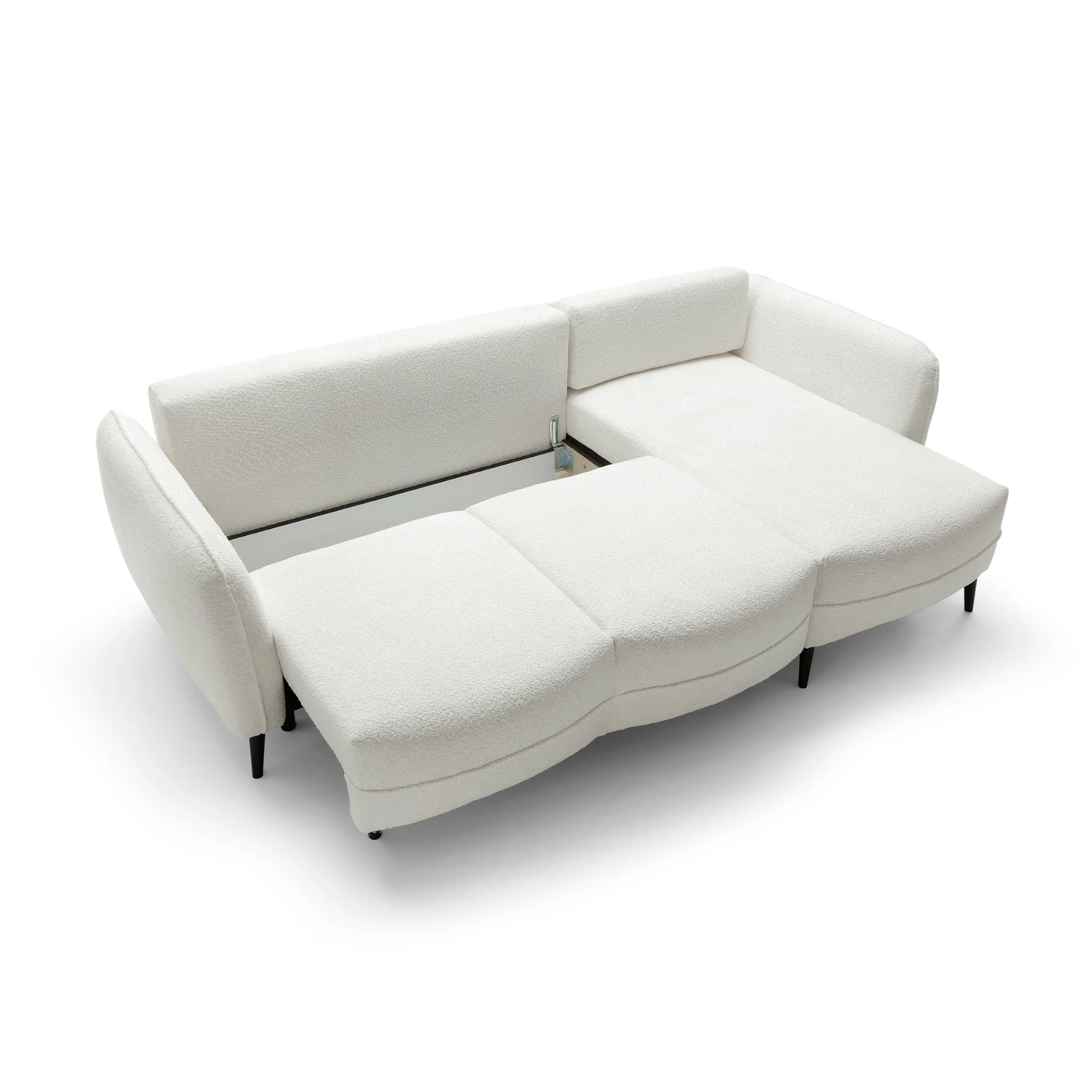 Designer Ecksofa Elegy mit Schlaffunktion & Bettkasten in Bouclé