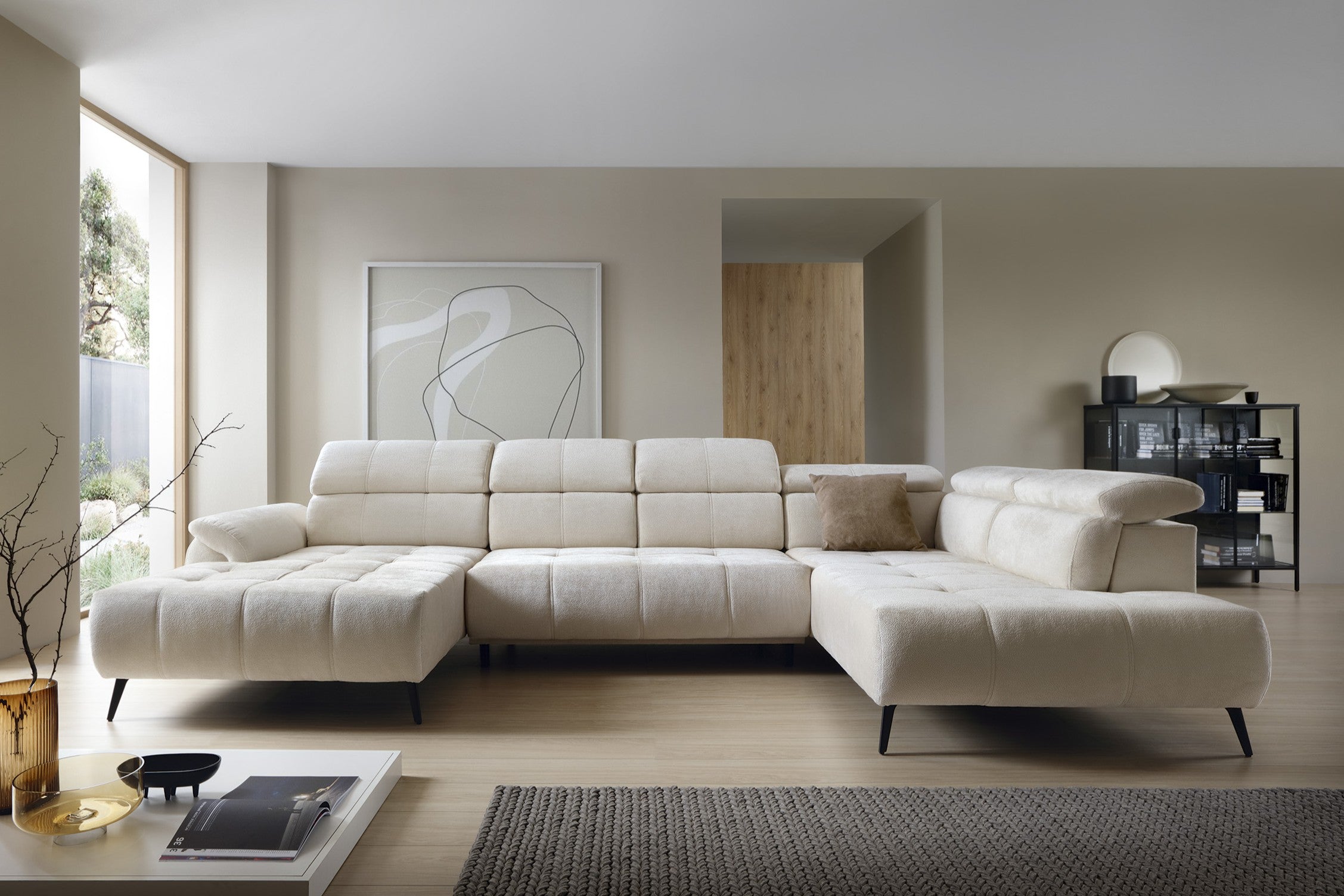 Designer Ecksofa Genova III mit elektrischer Sitzverlängerung in Chenille