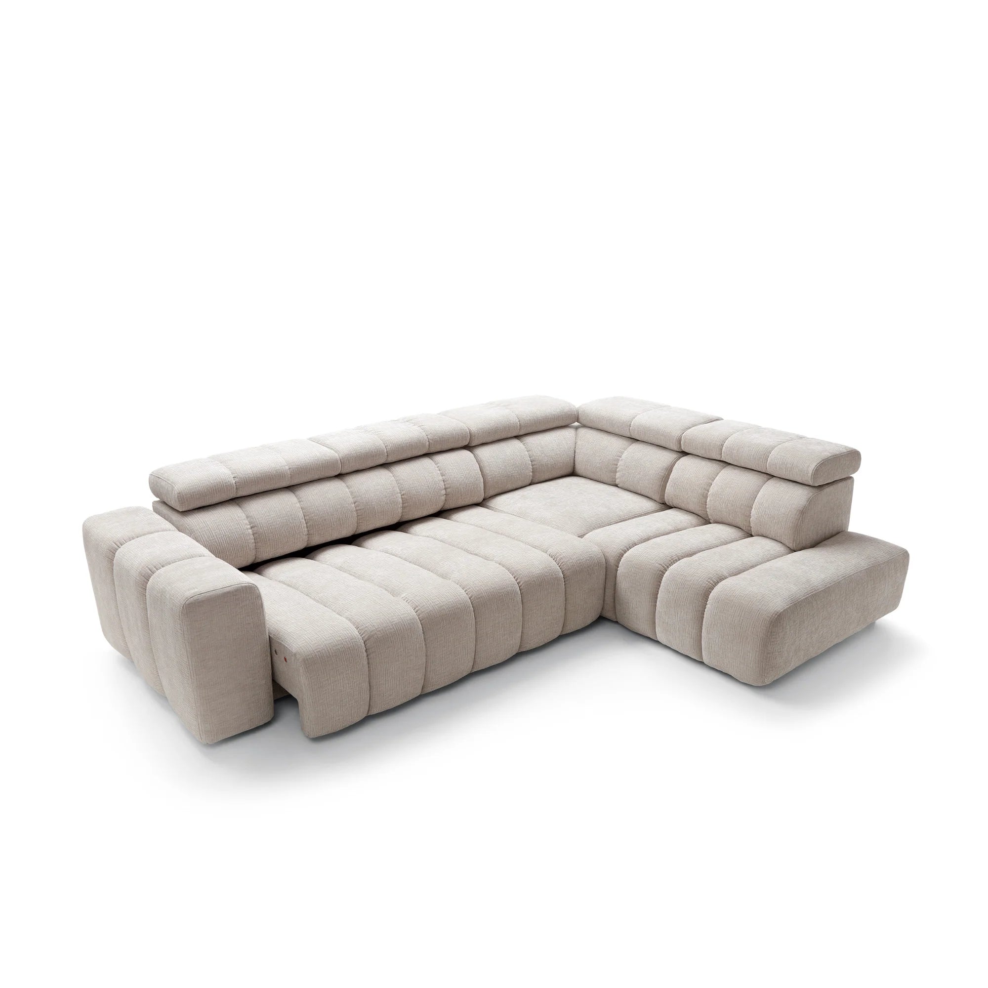 Designer Ecksofa Zürich mit elektrischer Sitzverlängerung in Chenille