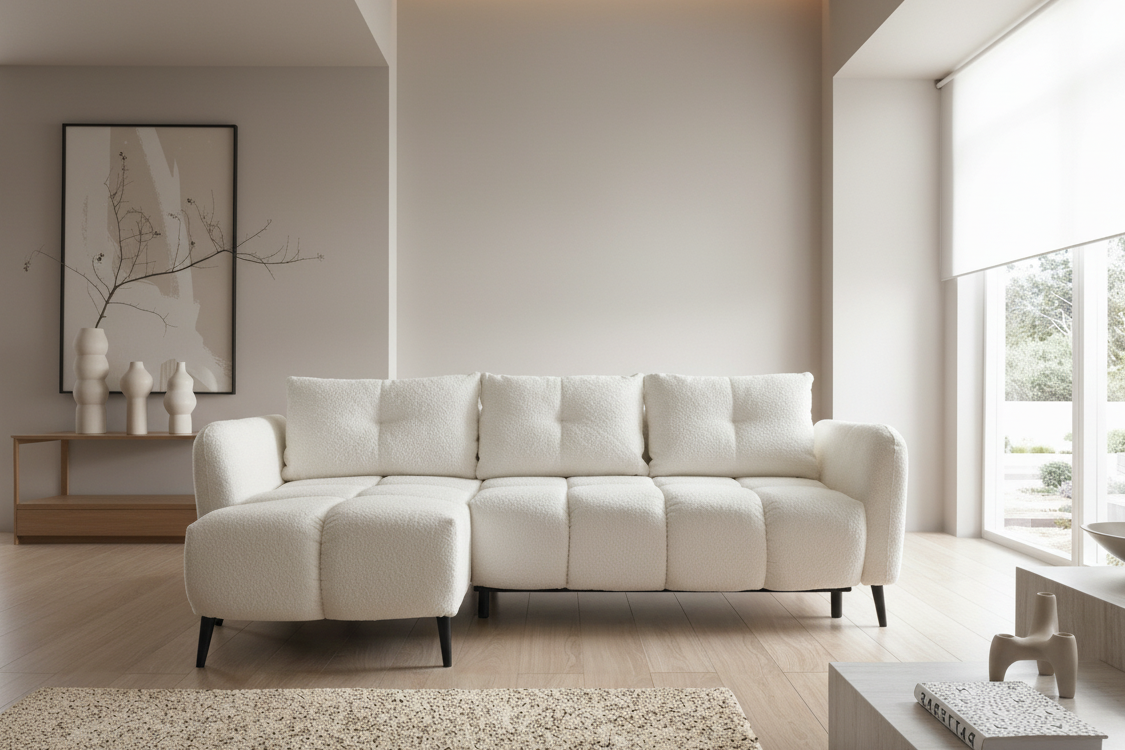 Designer Sofa Apollo mit Schlaffunktion & Bettkasten in Bouclé