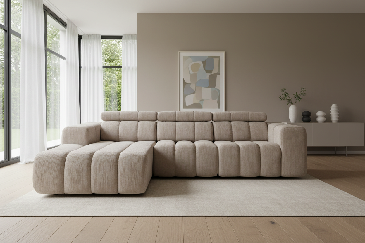 Designer Ecksofa Zürich modular mit Kopfstützen & Chenille