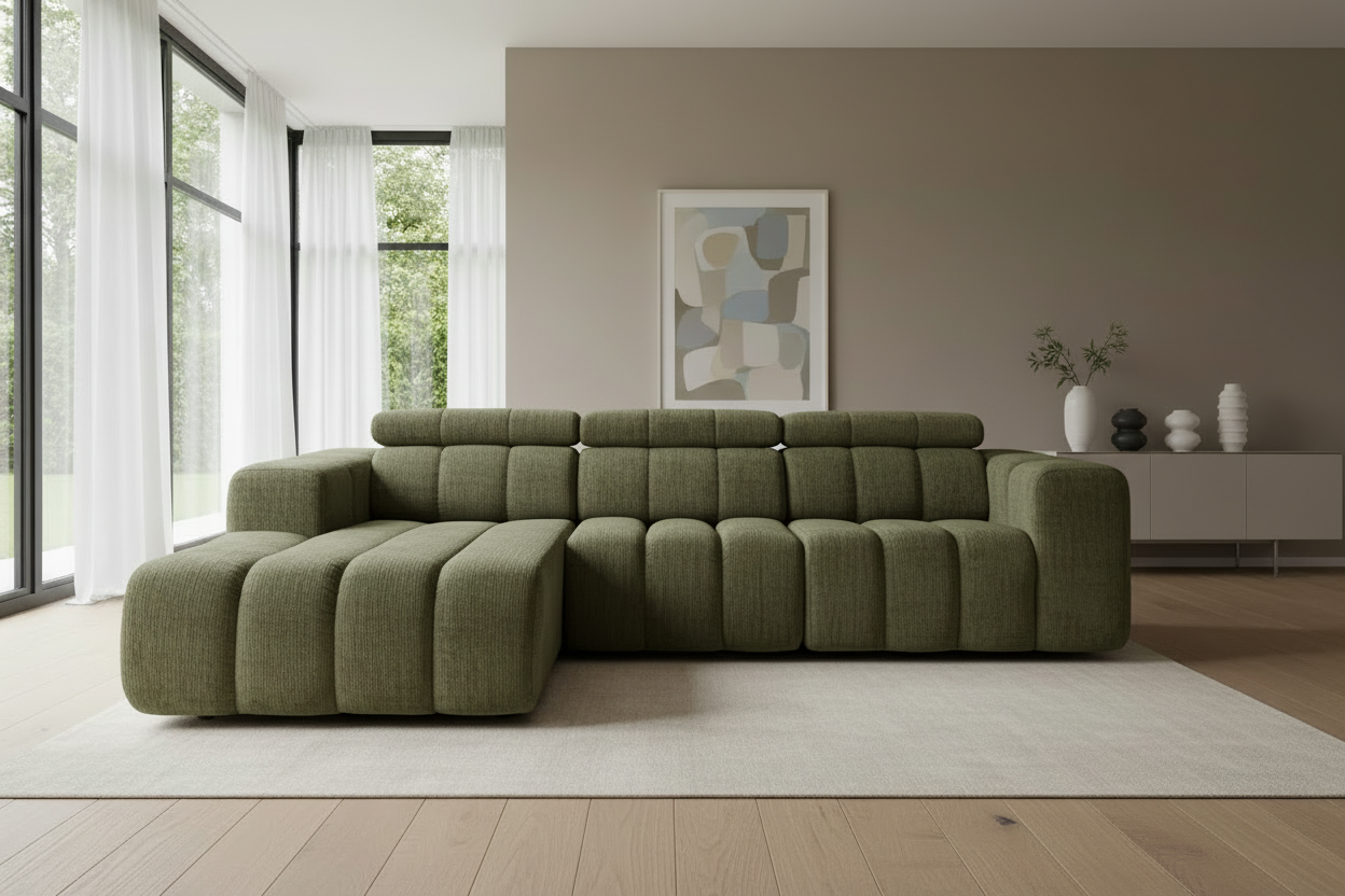 Designer Ecksofa Zürich modular mit Kopfstützen & Chenille
