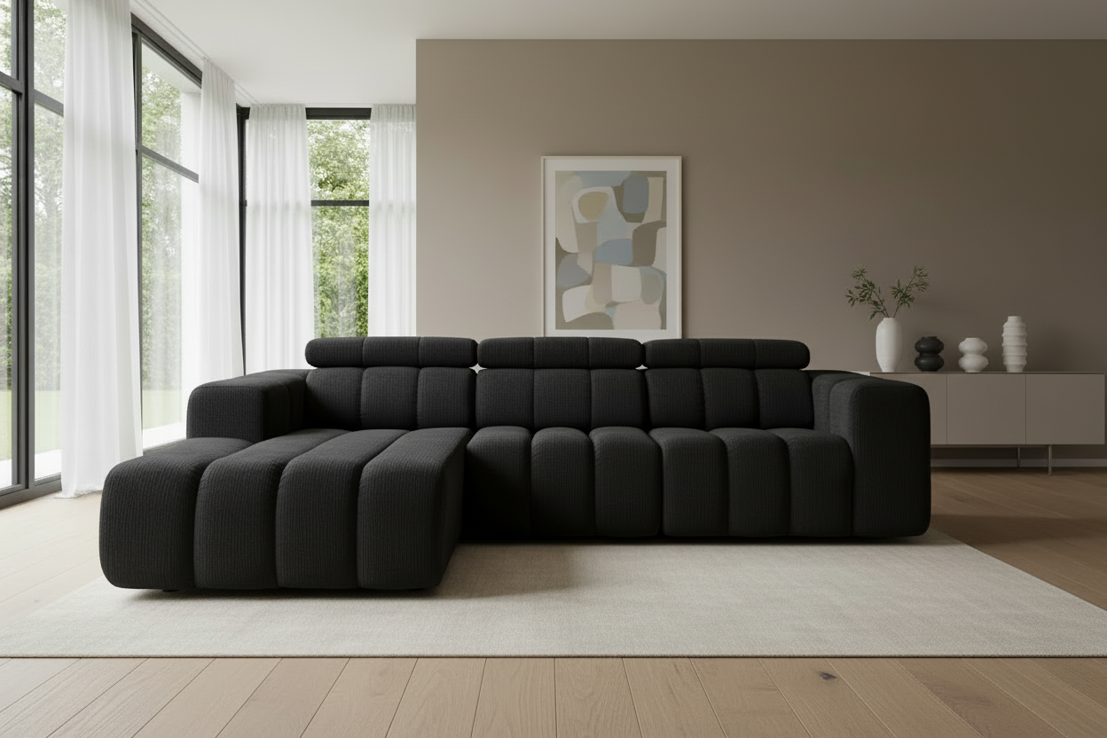 Designer Ecksofa Zürich modular mit Kopfstützen & Chenille