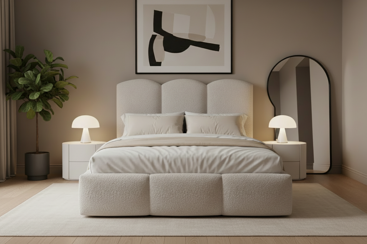 Designer Polsterbett Bero Bouclé mit  Bettkasten