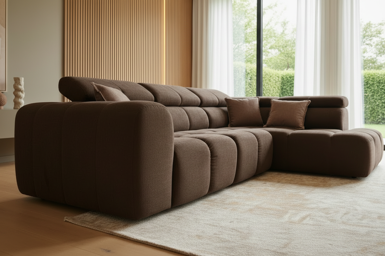 Bloom Ecksofa Braun 45° Ansicht Extrem Nah