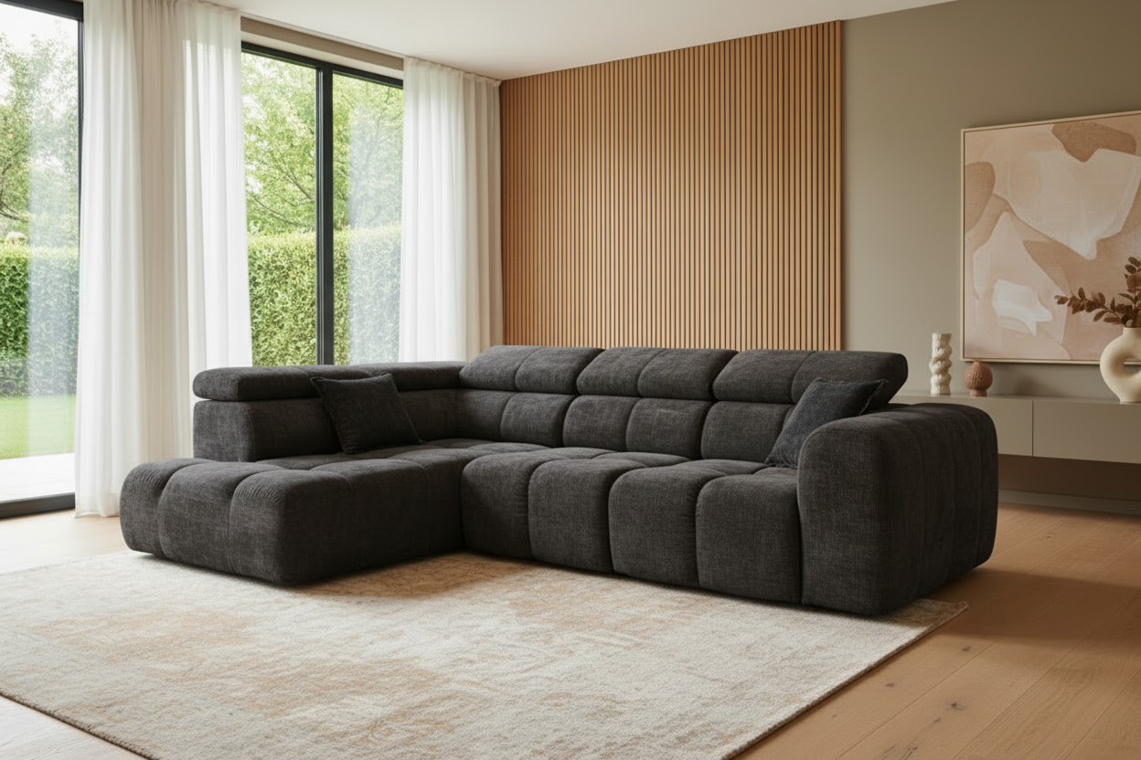 Designer Ecksofa Bloom L mit Kopfstützen Chenille