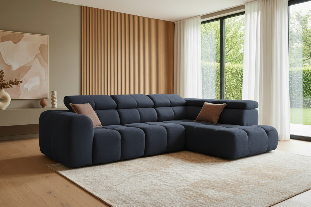 BLOOM Ecksofa in Chenille Dunkelblau