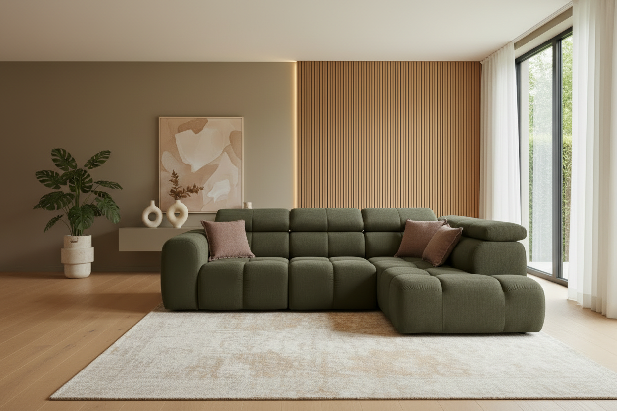 Bloom Ecksofa Olivgrün Frontalansicht Komplett