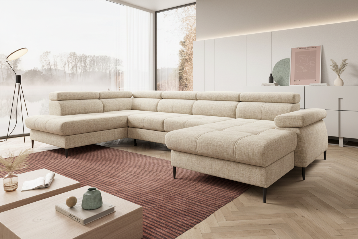 Designer Ecksofa Córdoba III mit Schlaffunktion & Bettkasten in Chenille