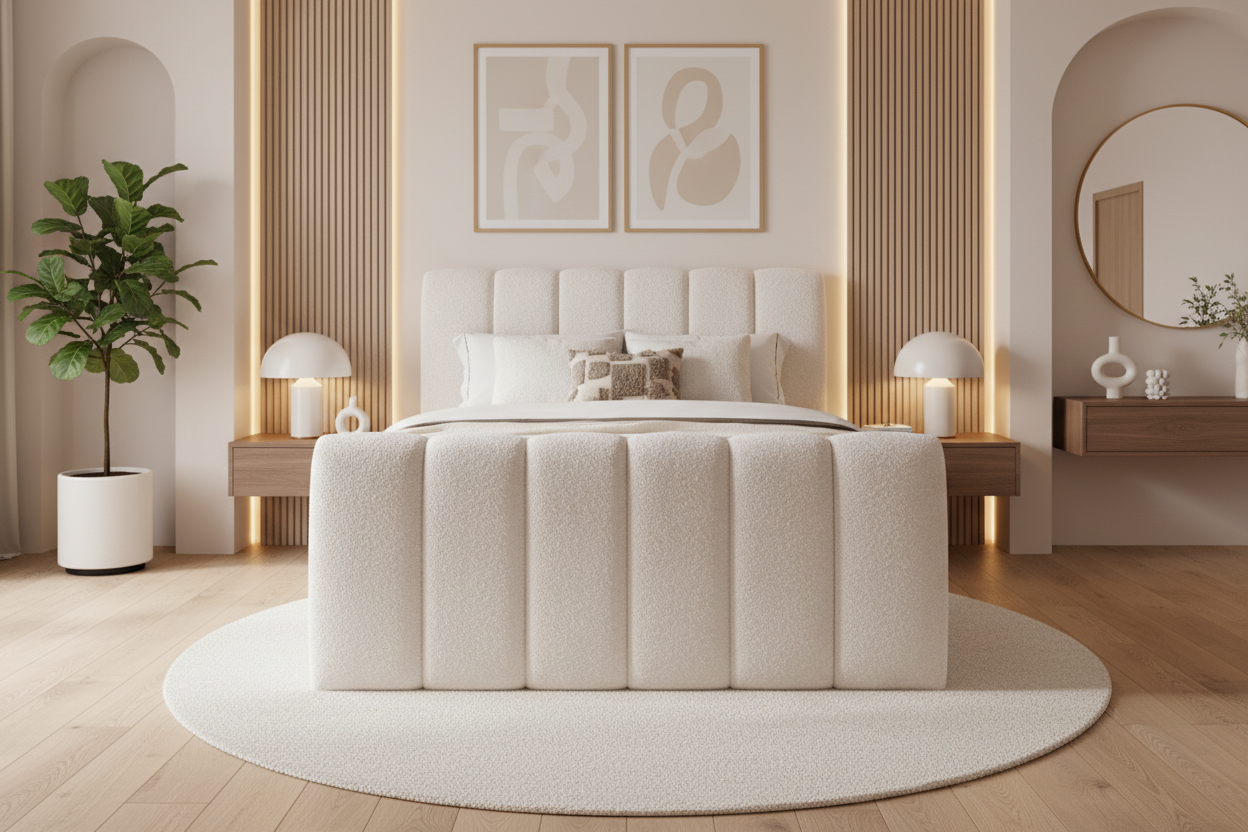 Channel-Tufted Bett - Frontalansicht (minimale LED)