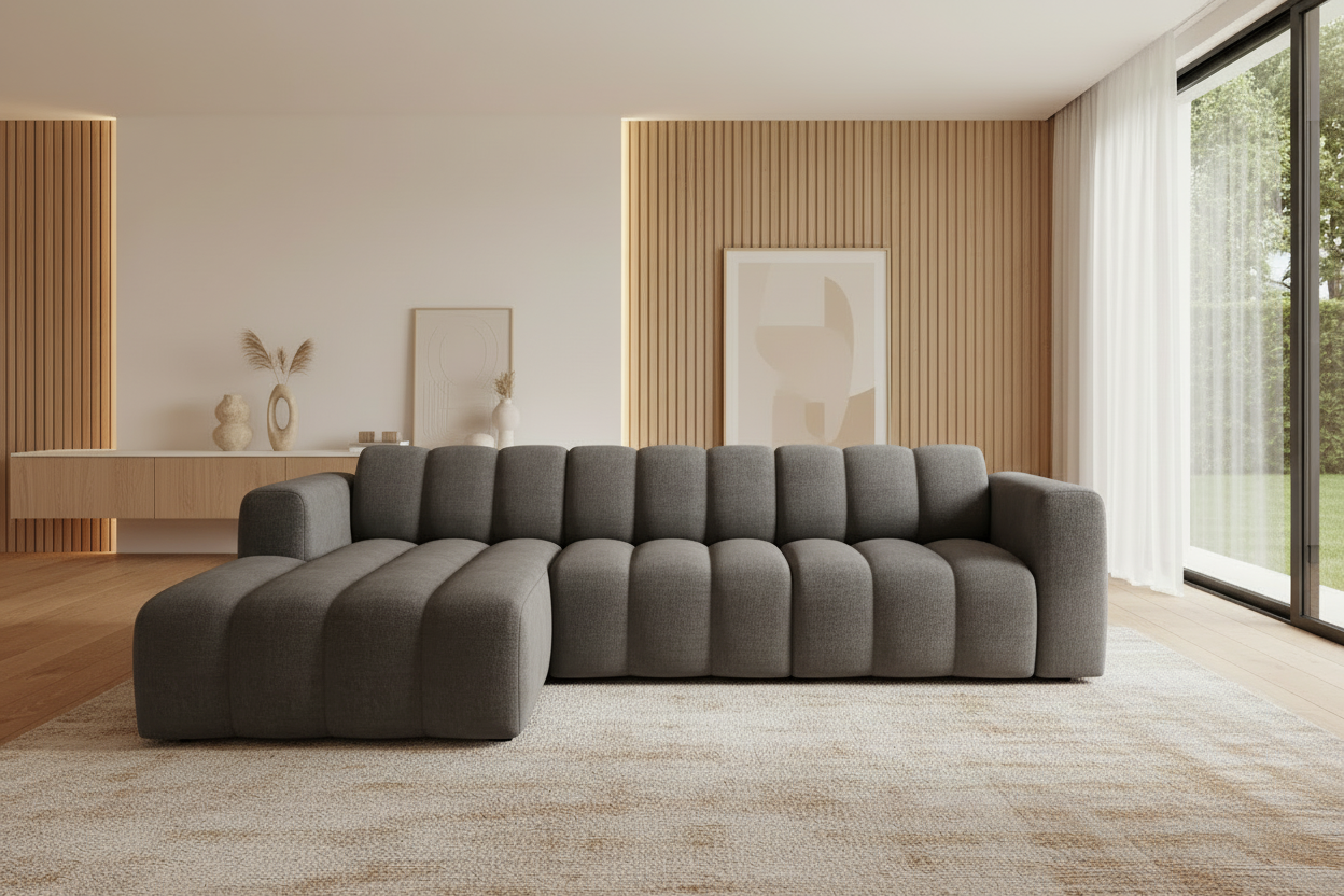 Designer Ecksofa Bummel L in Dunkelgrau Bouclé - Frontalansicht