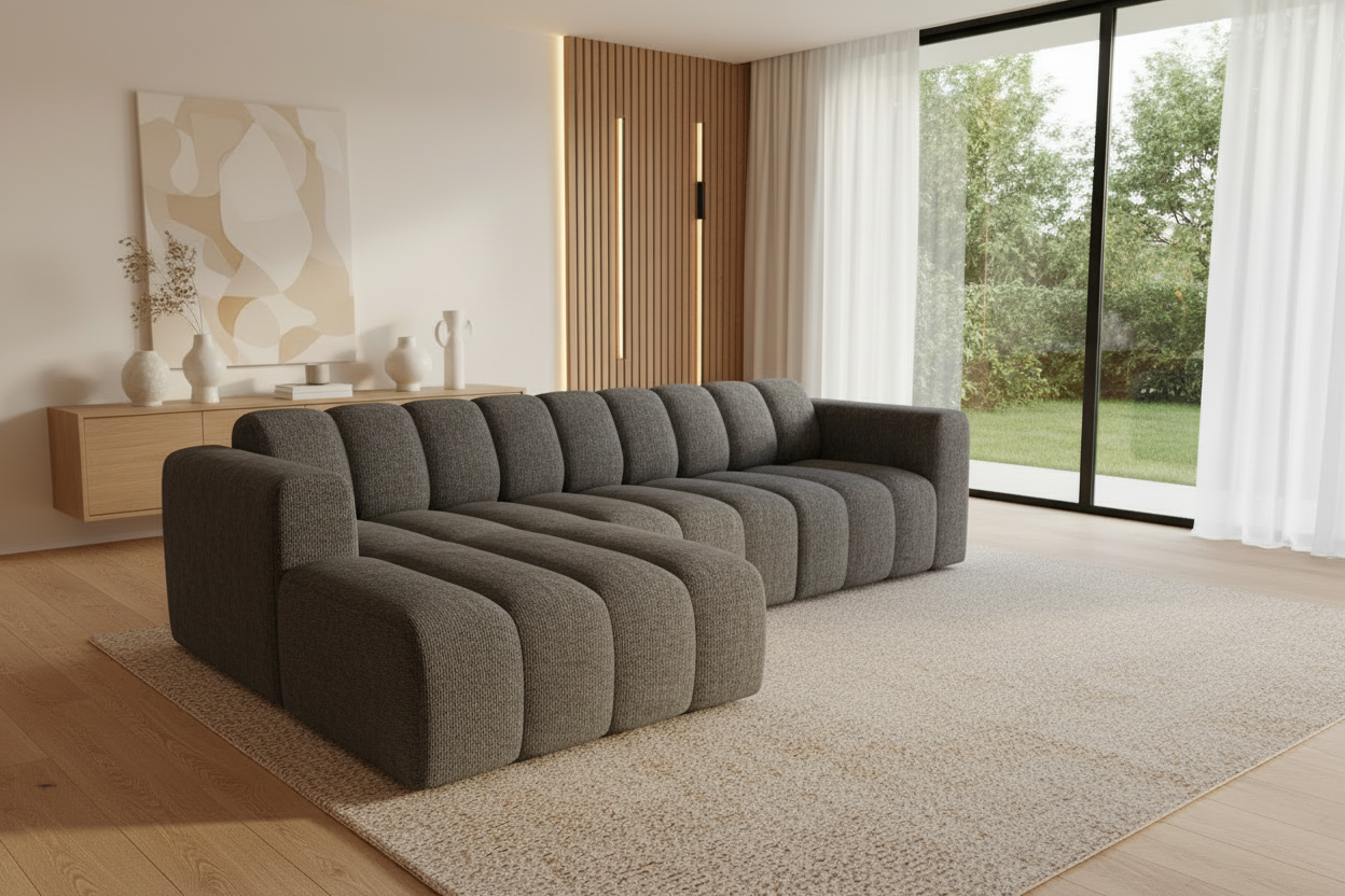 Designer Ecksofa Bummel L in Dunkelgrau Bouclé - Schrägansicht