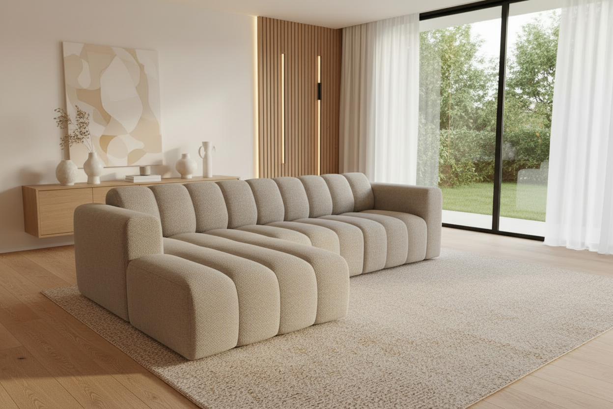 Designer Ecksofa Bummel L in Greige/Taupe Bouclé - Schrägansicht