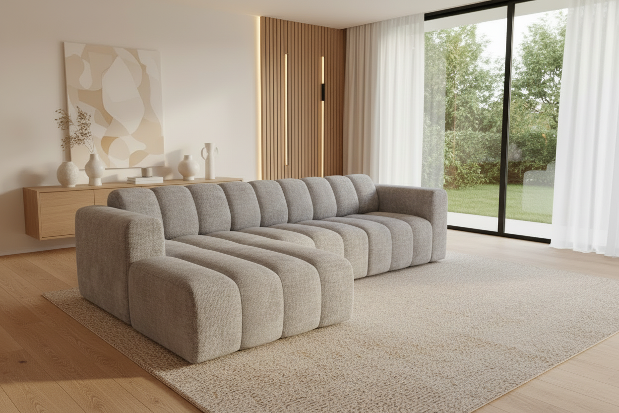 Designer Ecksofa Bummel L in Medium Grey Bouclé - Schrägansicht