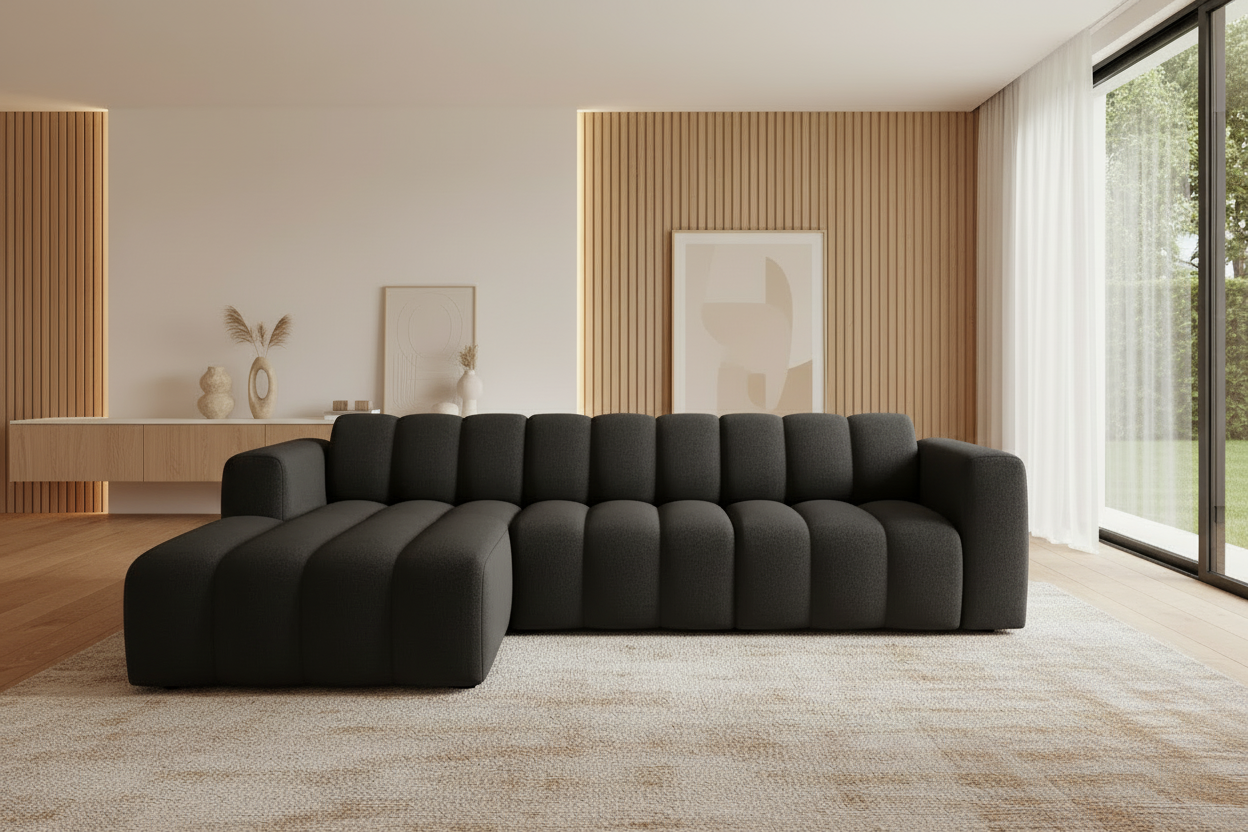 Designer Ecksofa Bummel L in Schwarz Bouclé - Frontalansicht