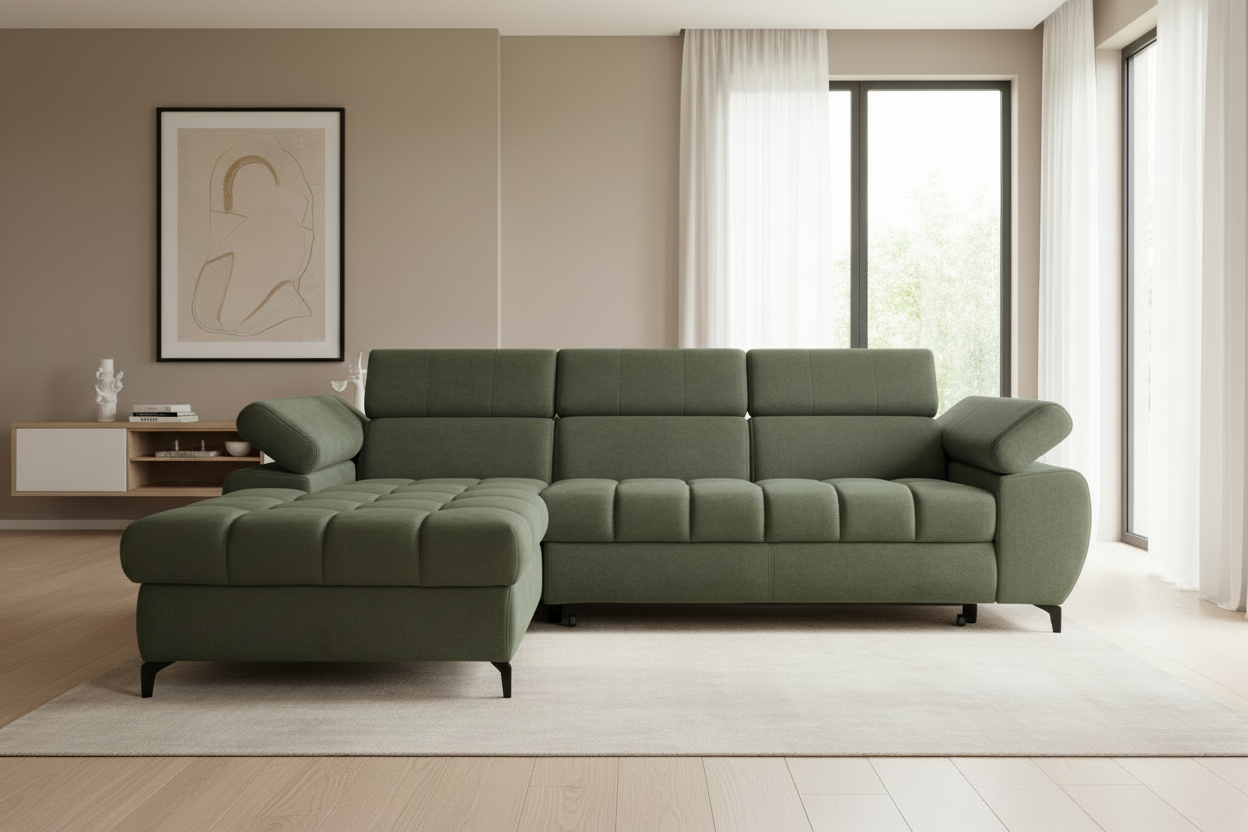 Designer Ecksofa Lugano I Olivgrün - Frontalansicht