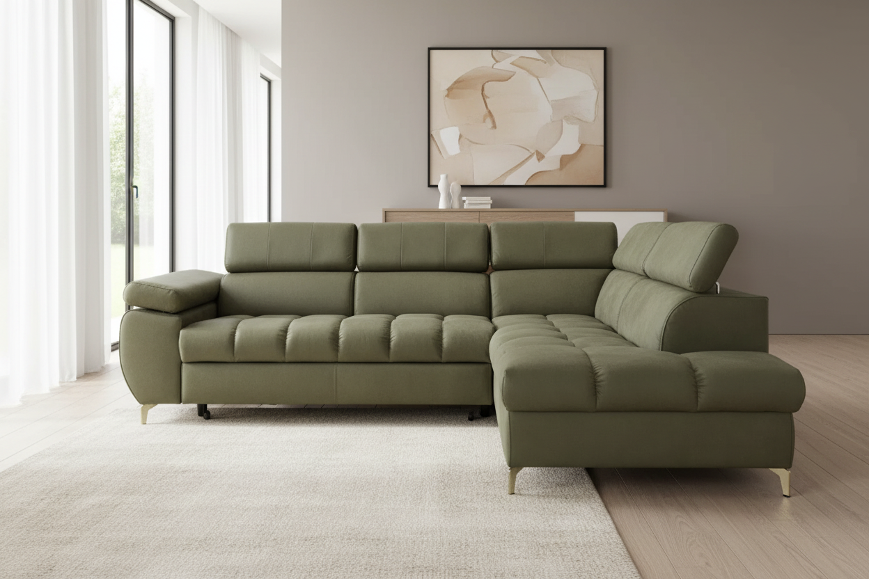 Designer Ecksofa Lugano II Olivgrün - Frontalansicht sehr nah