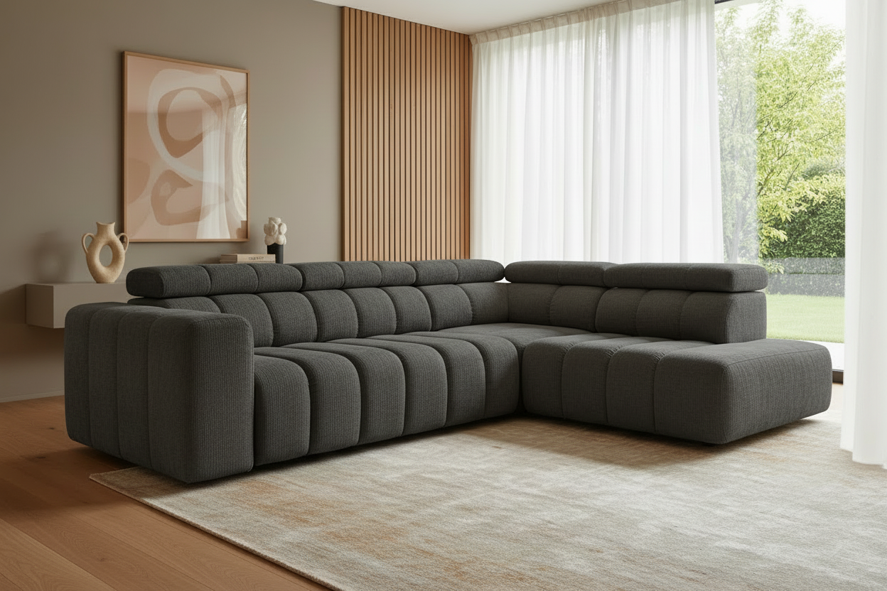 Designer Ecksofa Zürich in Dunkelgrau Chenille - Schrägansicht