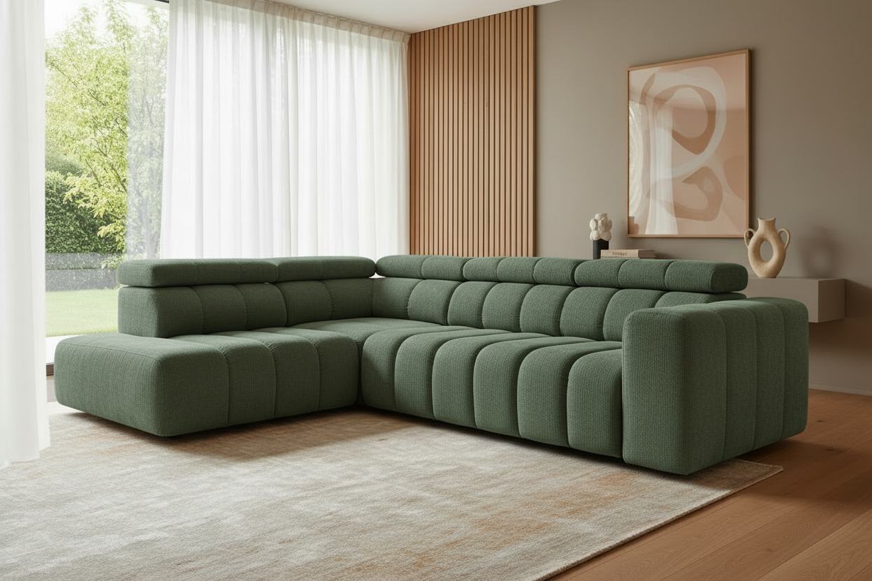Designer Ecksofa Zürich mit elektrischer Sitzverlängerung in Chenille