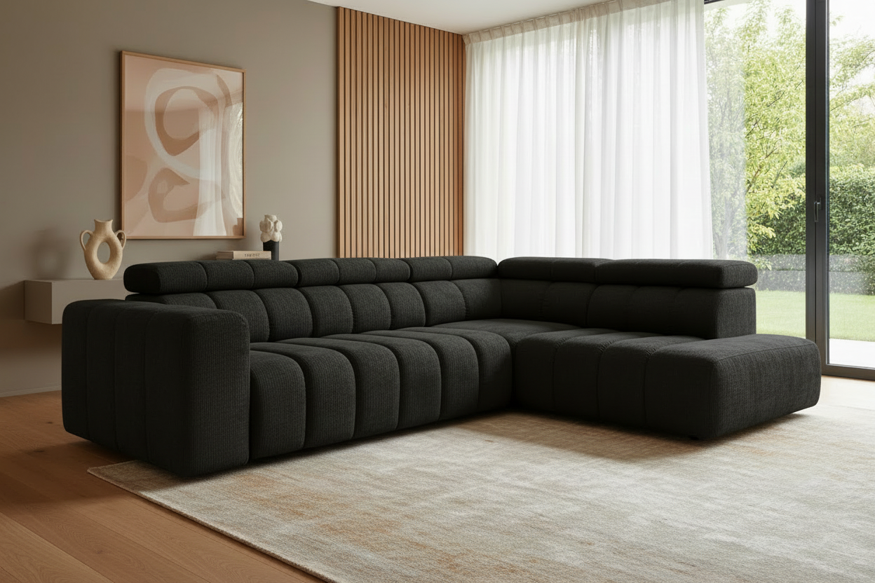 Designer Ecksofa Zürich in Schwarz Chenille - Schrägansicht
