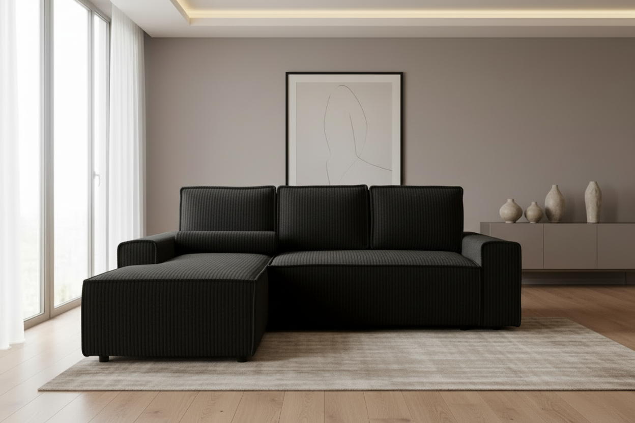Domo Ecksofa in Black Corduroy