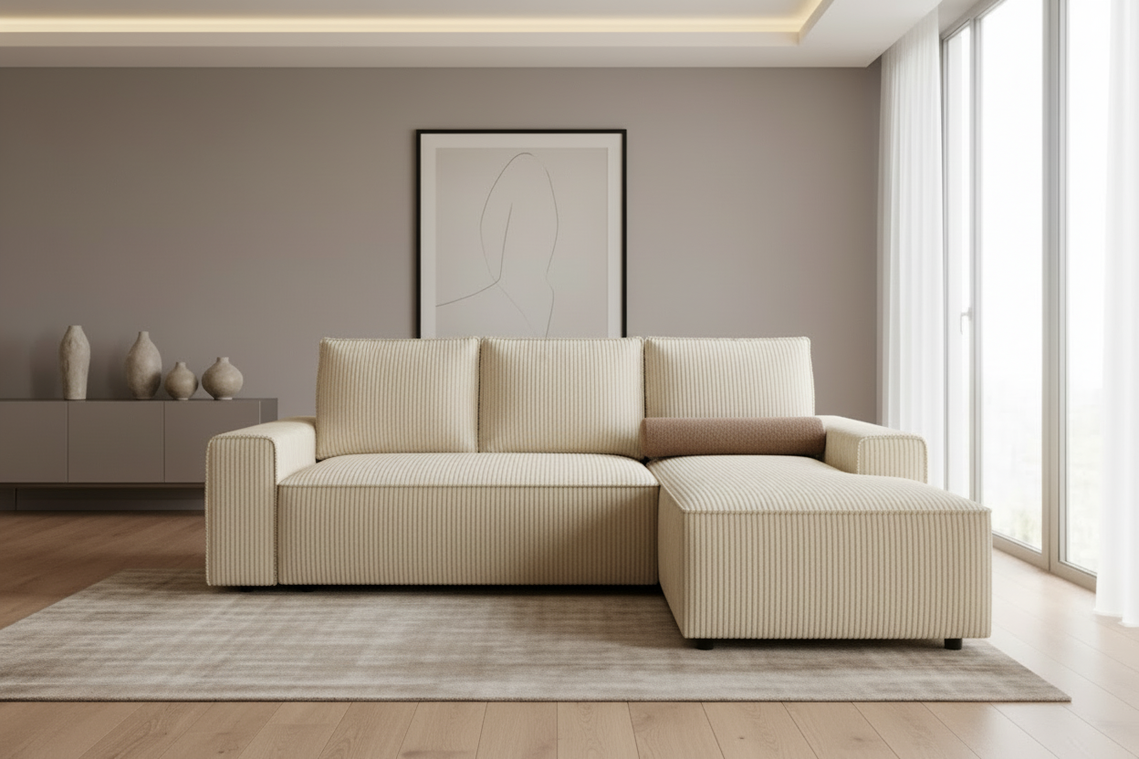 Designer Ecksofa Domo mit Schlaff- & Bettkasten in Cord