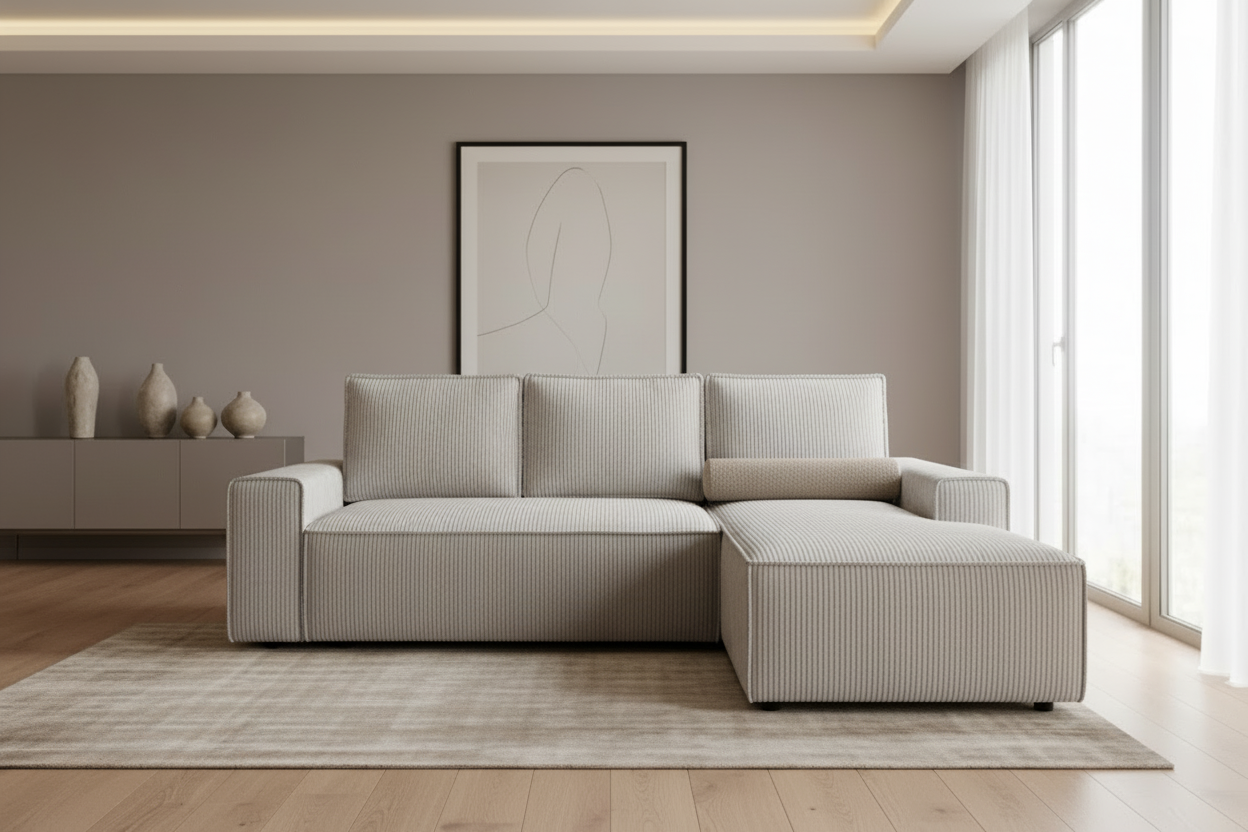 Designer Ecksofa Domo mit Schlaff- & Bettkasten in Cord