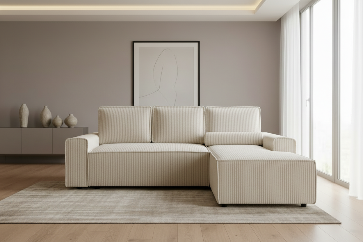 Designer Ecksofa Domo mit Schlaff- & Bettkasten in Cord