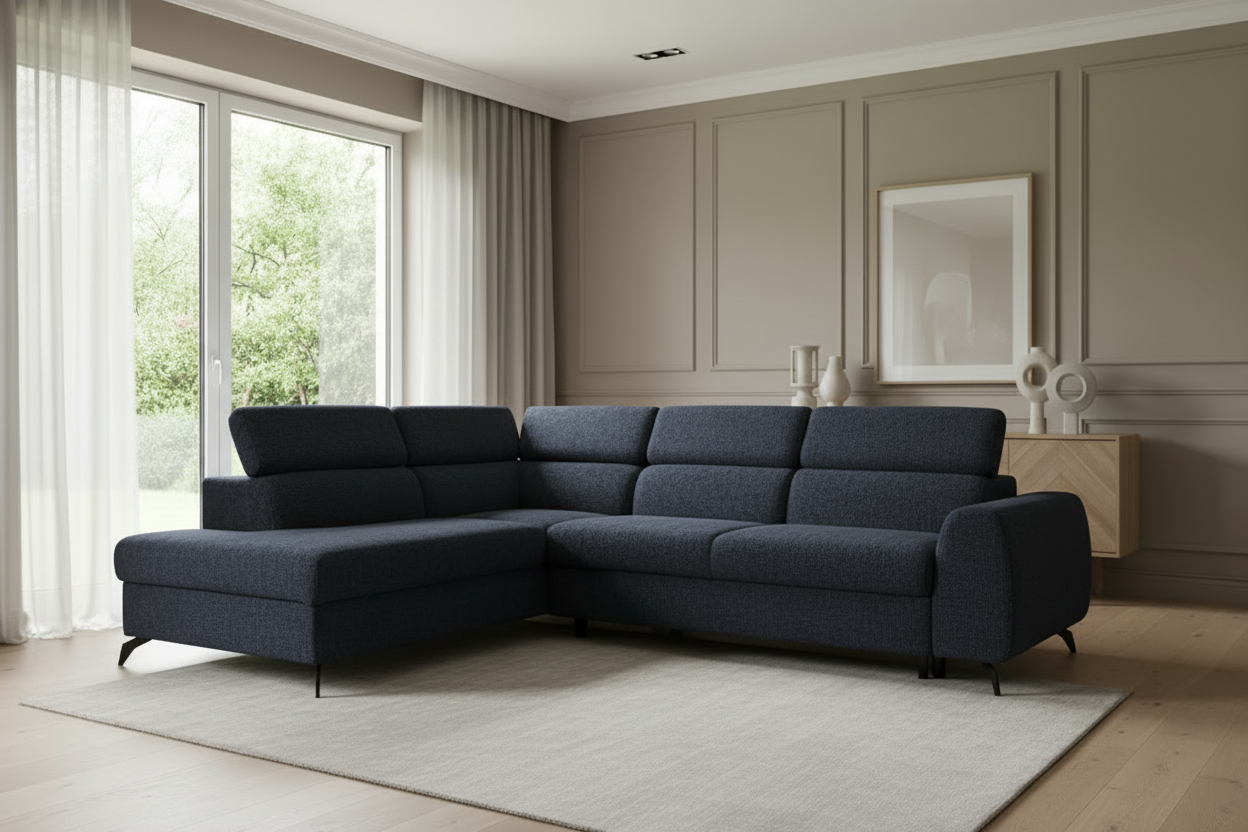 Ecksofa STILLE in Bouclé Abriamo Dunkelblau