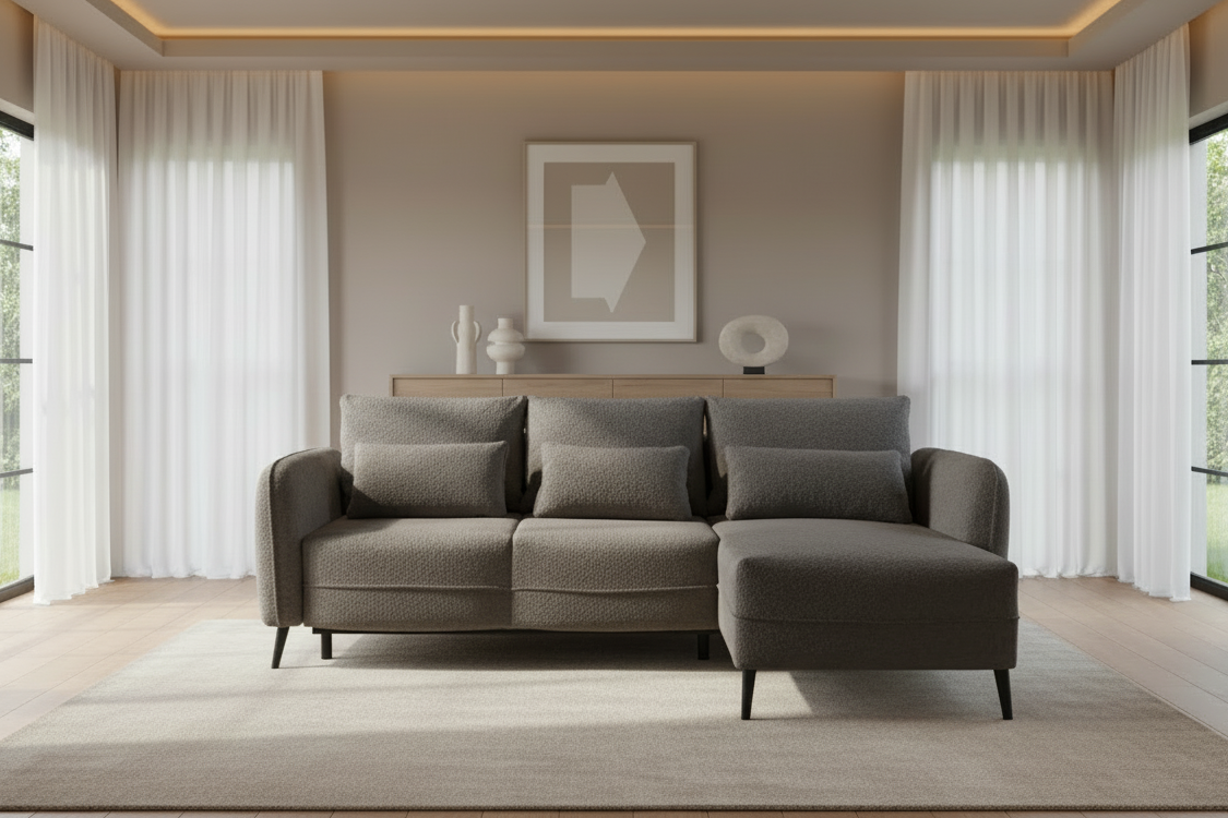 Designer Ecksofa Elegy mit Schlaffunktion & Bettkasten in Bouclé