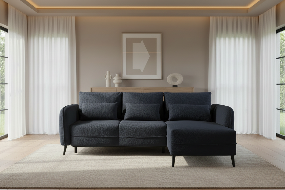 Designer Ecksofa Elegy mit Schlaffunktion & Bettkasten in Bouclé