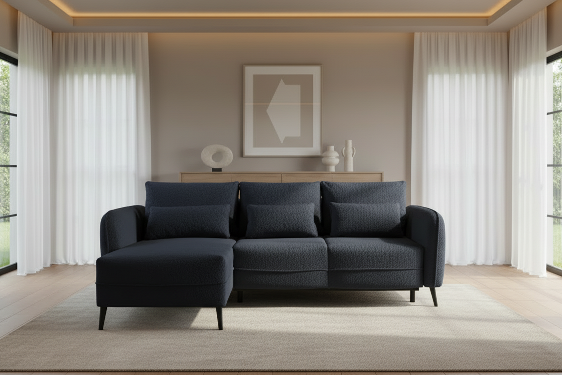 Designer Ecksofa Elegy mit Schlaffunktion & Bettkasten in Bouclé