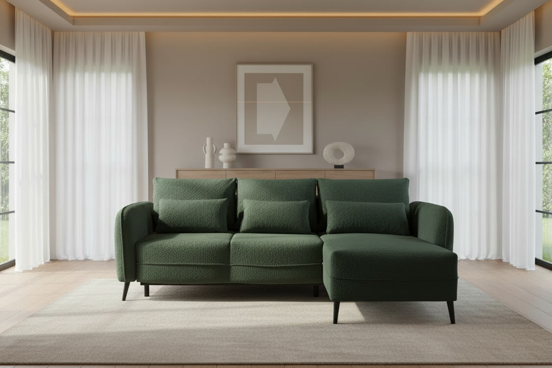 Designer Ecksofa Elegy mit Schlaffunktion & Bettkasten in Bouclé