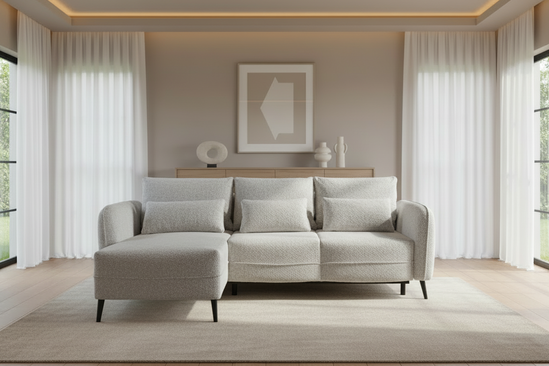 Designer Ecksofa Elegy mit Schlaffunktion & Bettkasten in Bouclé