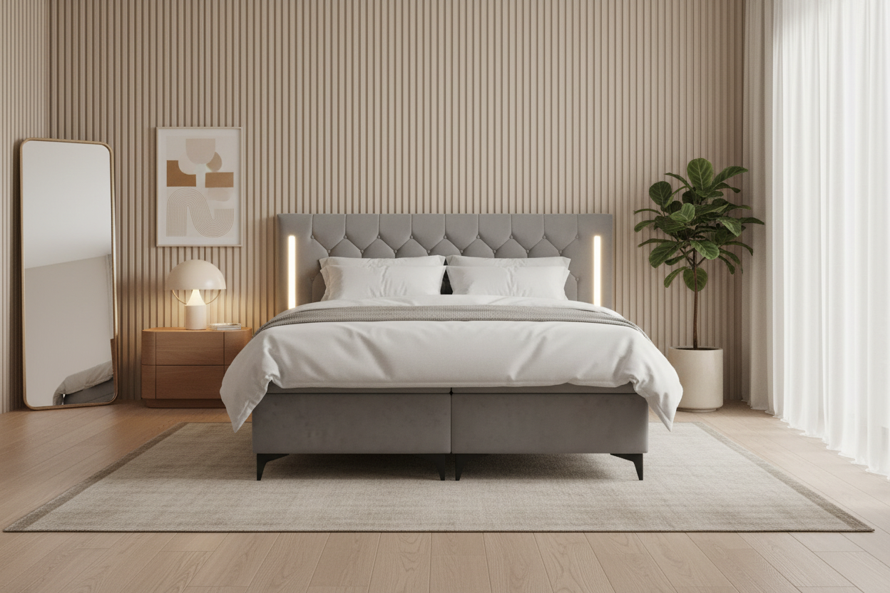 Graues California Boxspringbett Premium Frontalansicht
