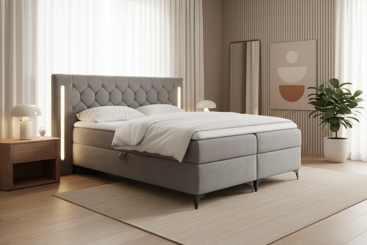 Graues California Boxspringbett Premium Schrägansicht 45°