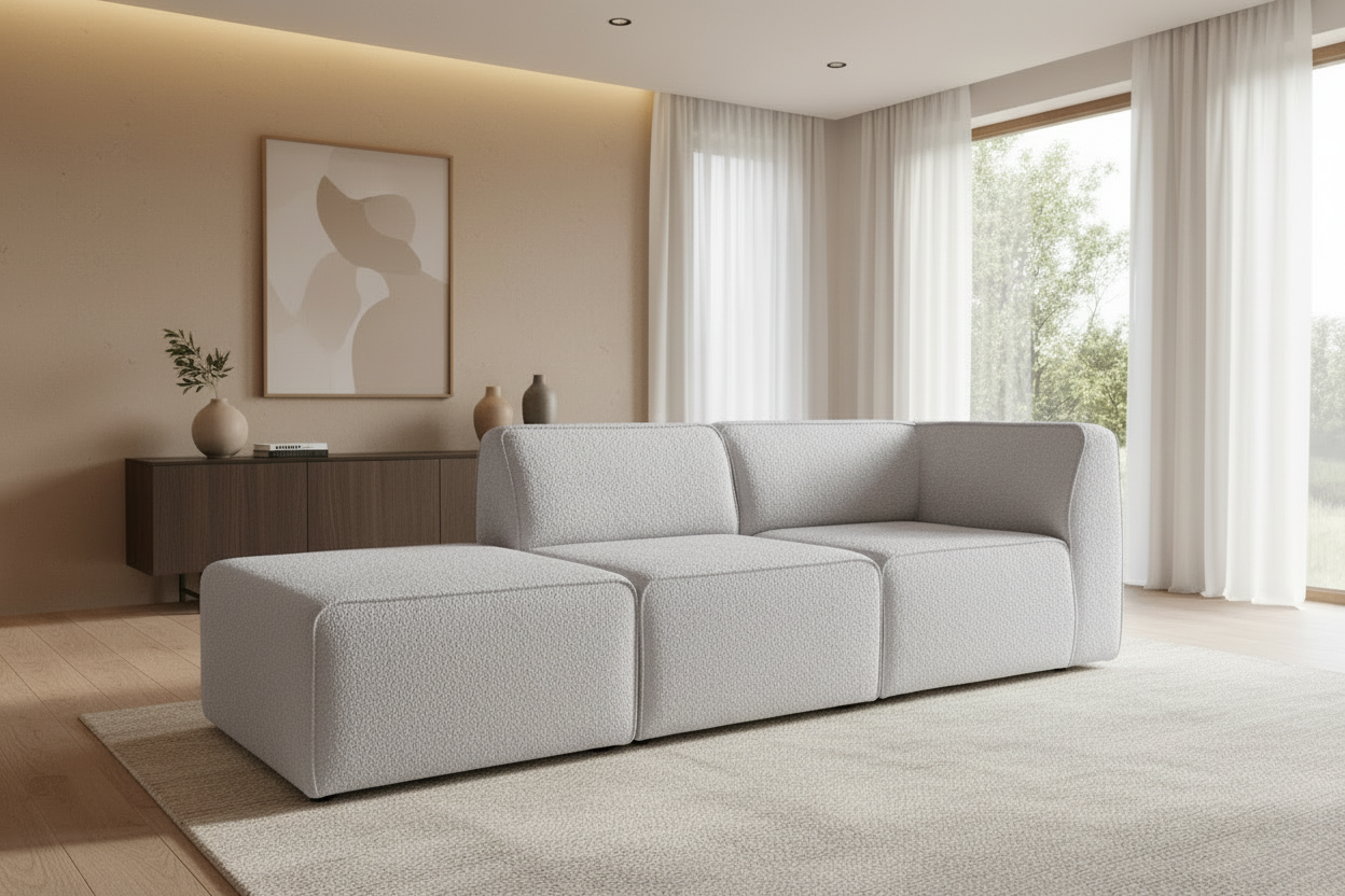 Hugg POUF-1-1A Sofa in Hellgrau Bouclé